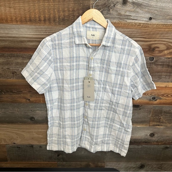 FOLK Linen Blend Shirt Mens S Curtis Waffle Knit Short Sleeve Plaid White NWT - Picture 1 of 6